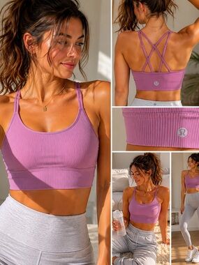 Lululemon Ribbed Strappy Longline Sports Bra Mauve Pink Padded Size small